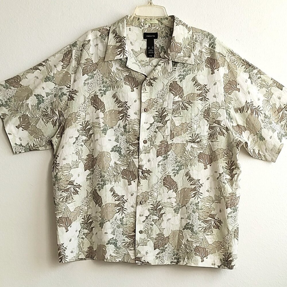 Claiborne Short Sleeve Shirt Beige Floral Silk Linen Button Up Camp Mens…